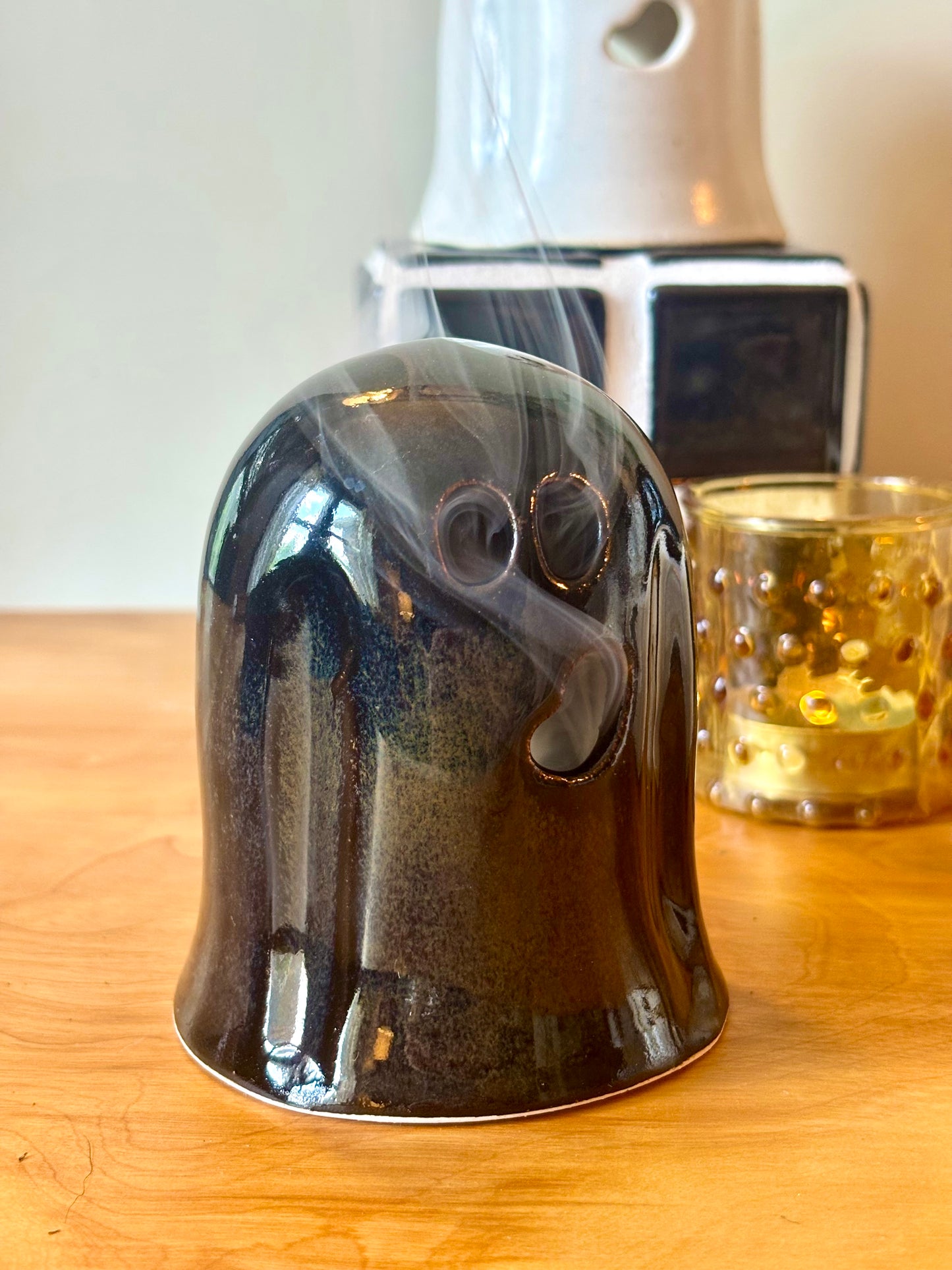 Ceramic Halloween Decoration: Ghost Lantern for Tea Light or Cone Incense