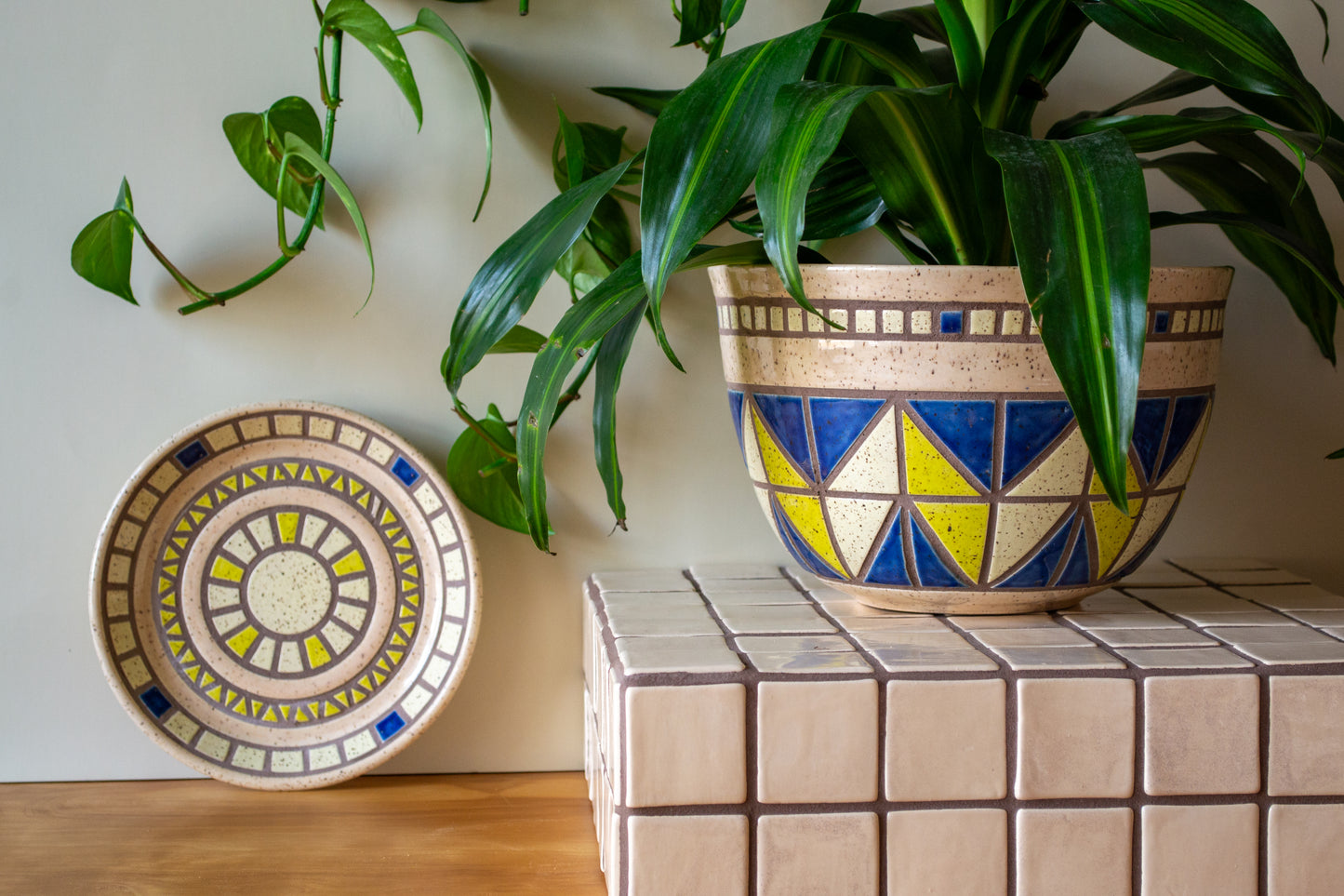 Tiled Stoneware Planter with Drip Plate | 9 in. Diameter | Cream/Blue | Tile Collection