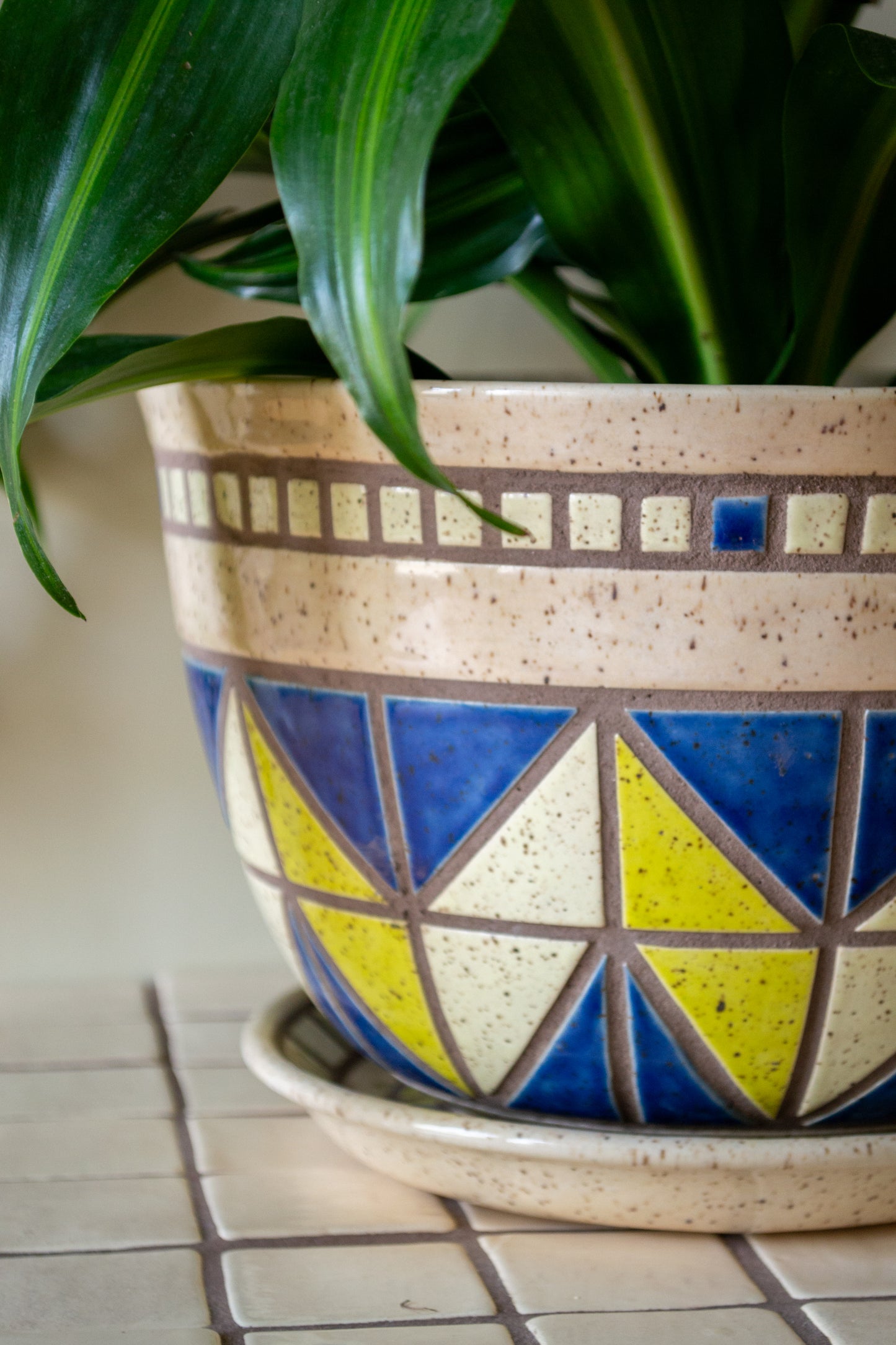 Tiled Stoneware Planter with Drip Plate | 9 in. Diameter | Cream/Blue | Tile Collection