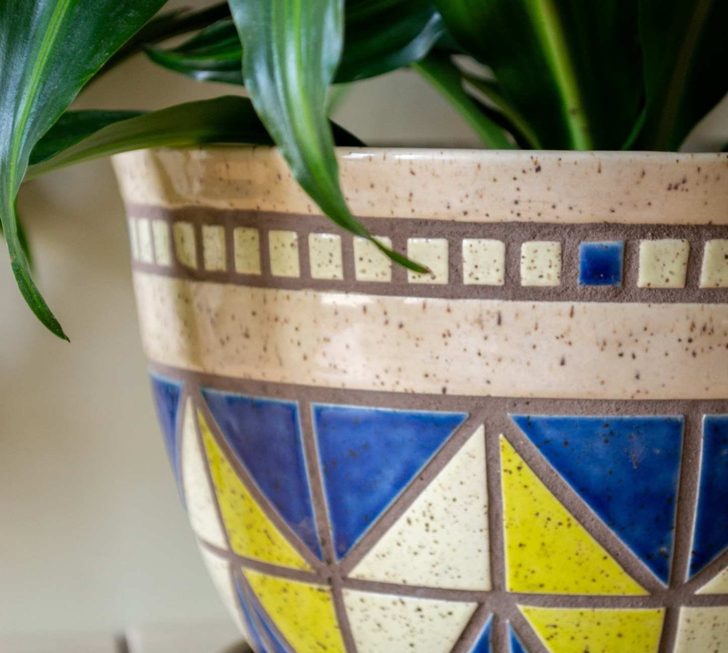 Tiled Stoneware Planter with Drip Plate | 9 in. Diameter | Cream/Blue | Tile Collection