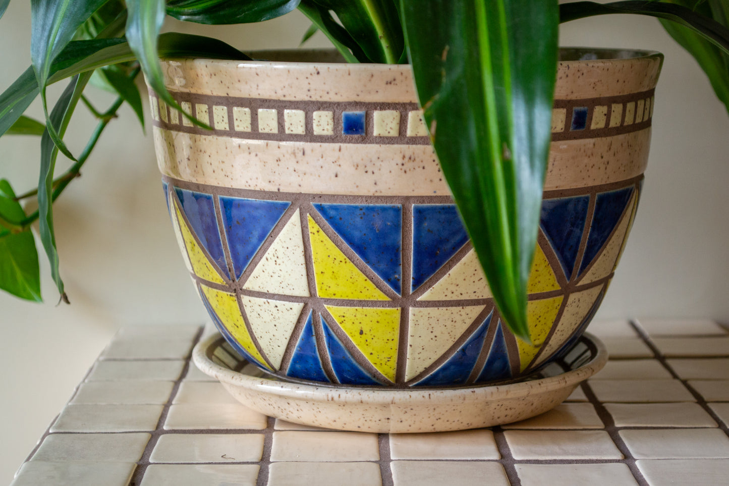 Tiled Stoneware Planter with Drip Plate | 9 in. Diameter | Cream/Blue | Tile Collection