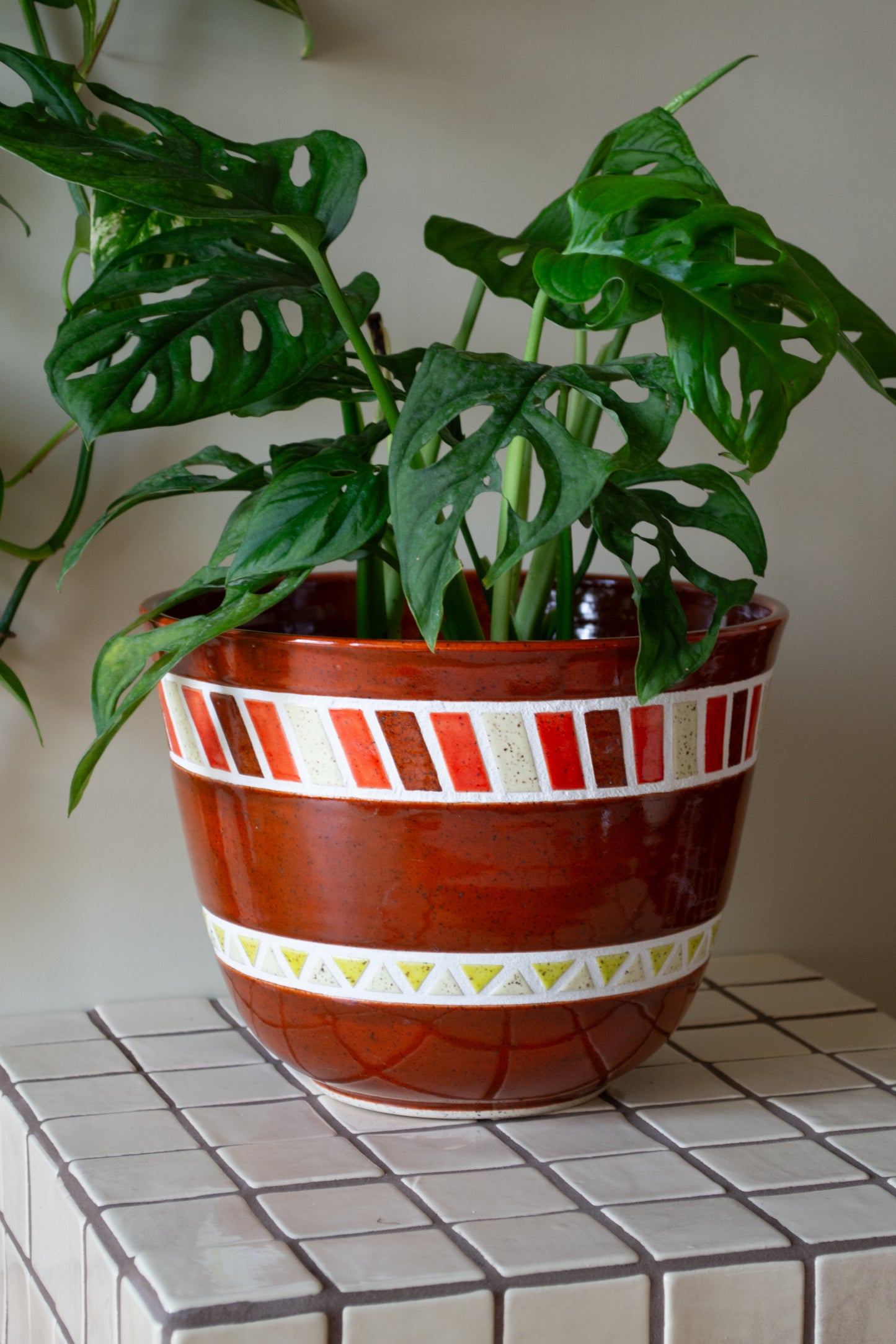 Tiled Stoneware Planter with Drip Plate | 8.5 in. Diameter | Rust | Tile Collection