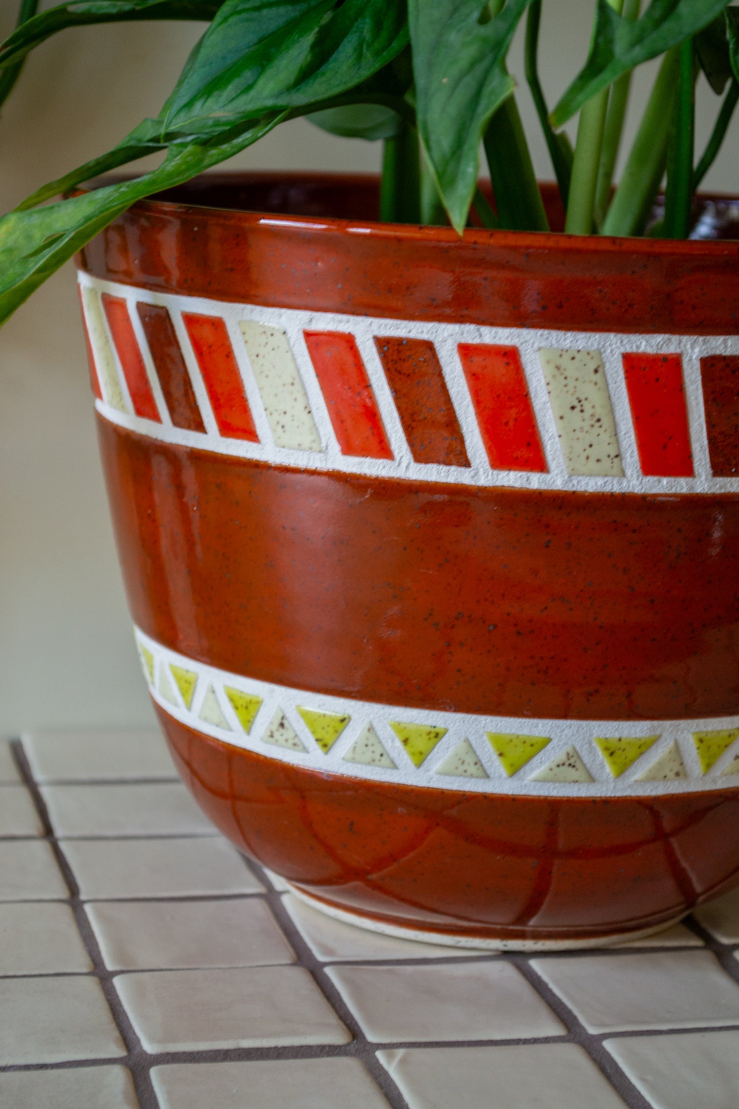 Tiled Stoneware Planter with Drip Plate | 8.5 in. Diameter | Rust | Tile Collection
