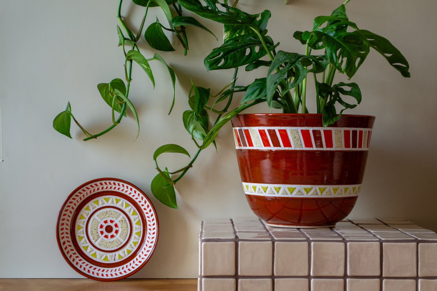 Tiled Stoneware Planter with Drip Plate | 8.5 in. Diameter | Rust | Tile Collection