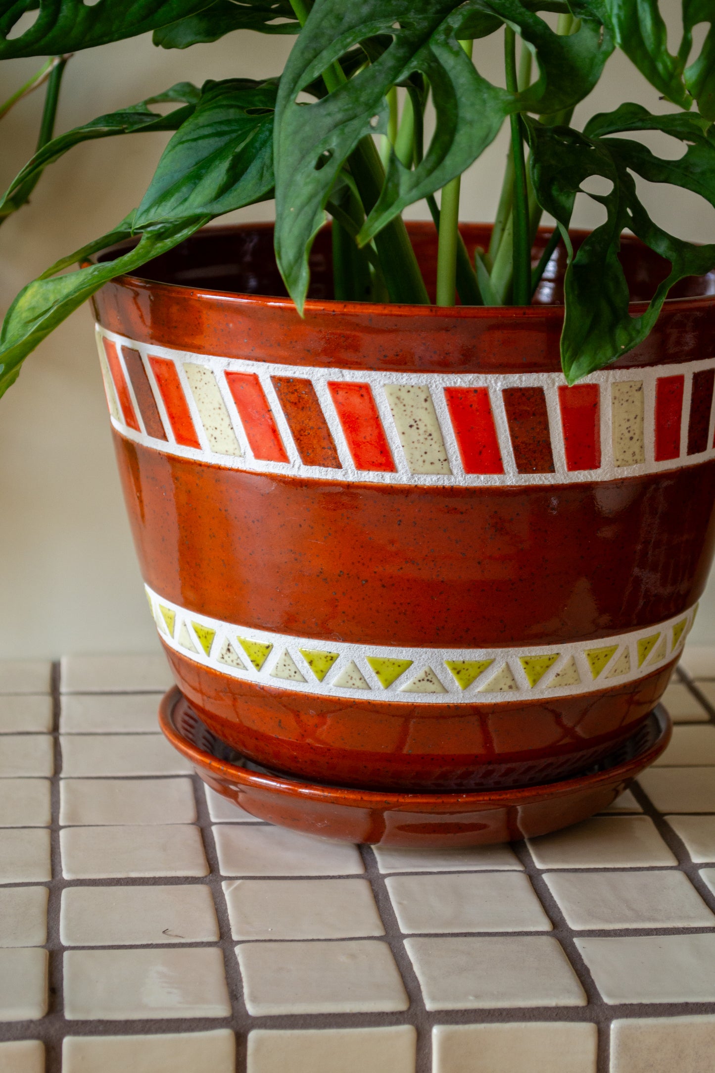 Tiled Stoneware Planter with Drip Plate | 8.5 in. Diameter | Rust | Tile Collection