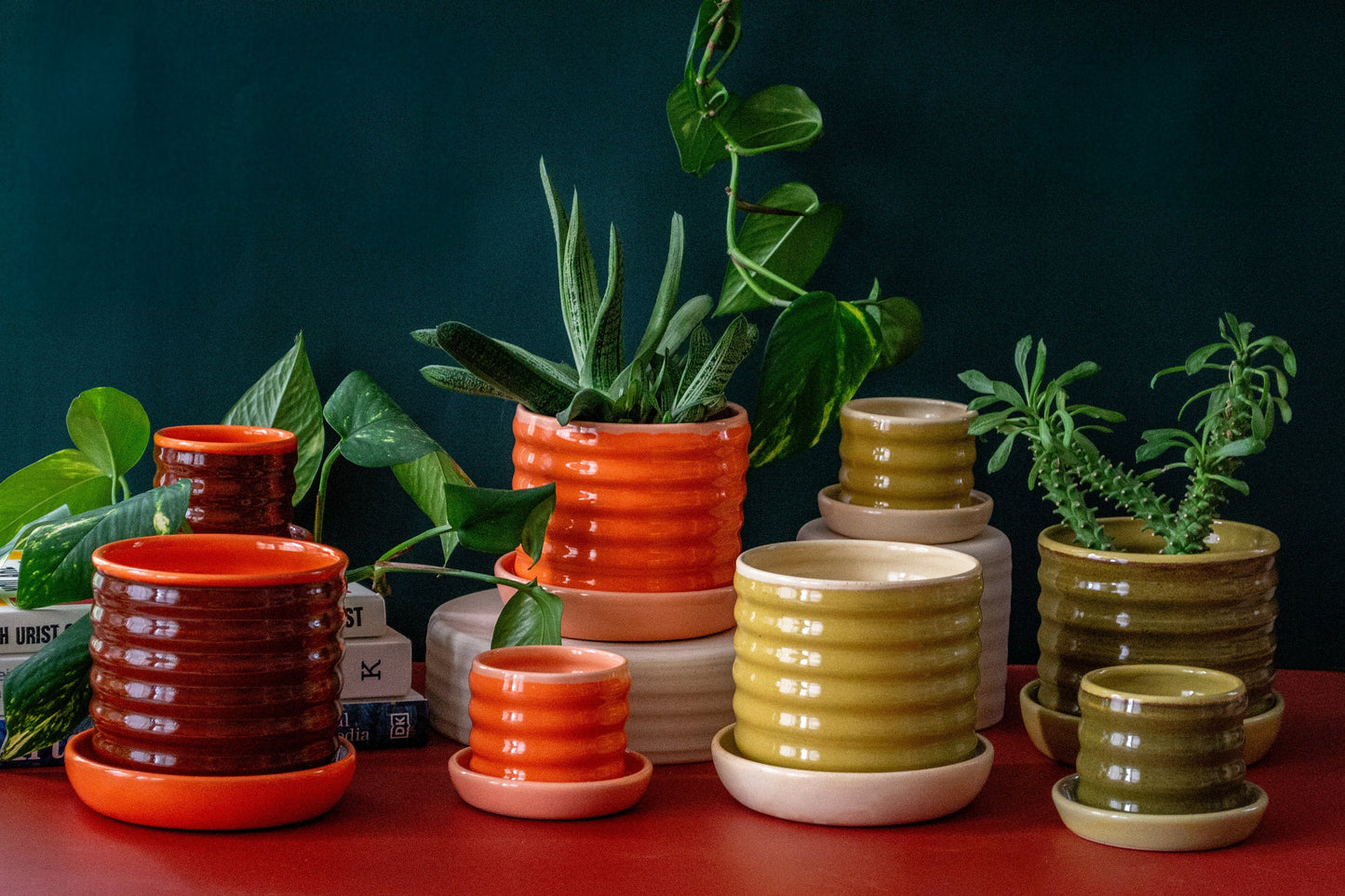 Ceramic Planter with Drip Plate | Castoe Pots Handmade Ripple Pots | Wavy Indoor Planter with Drainage Hole and Tray | Flower Pot