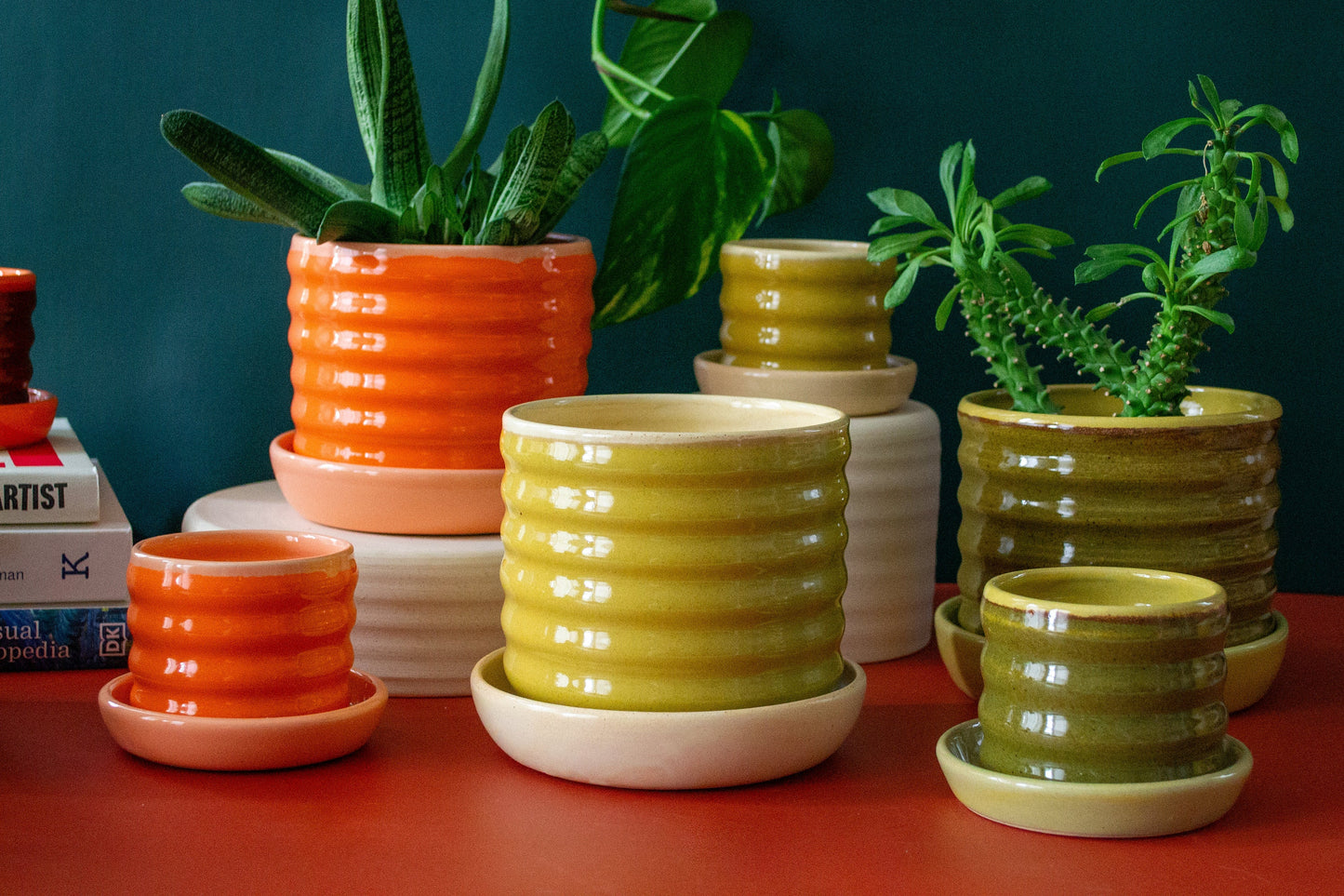 Ceramic Planter with Drip Plate | Castoe Pots Handmade Ripple Pots | Wavy Indoor Planter with Drainage Hole and Tray | Flower Pot