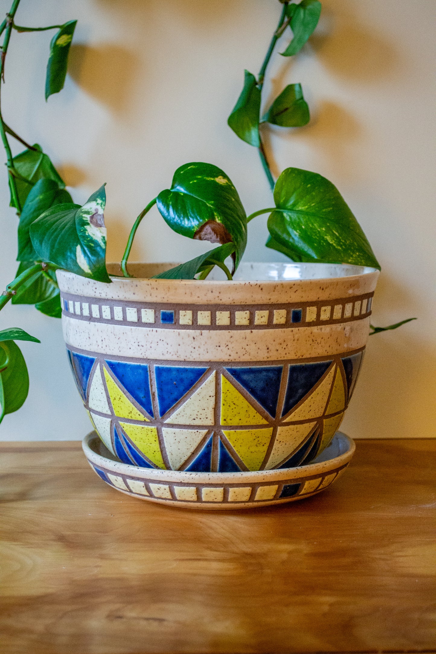 Tiled Stoneware Planter with Drip Plate | 9 in. Diameter | Cream/Blue | Tile Collection