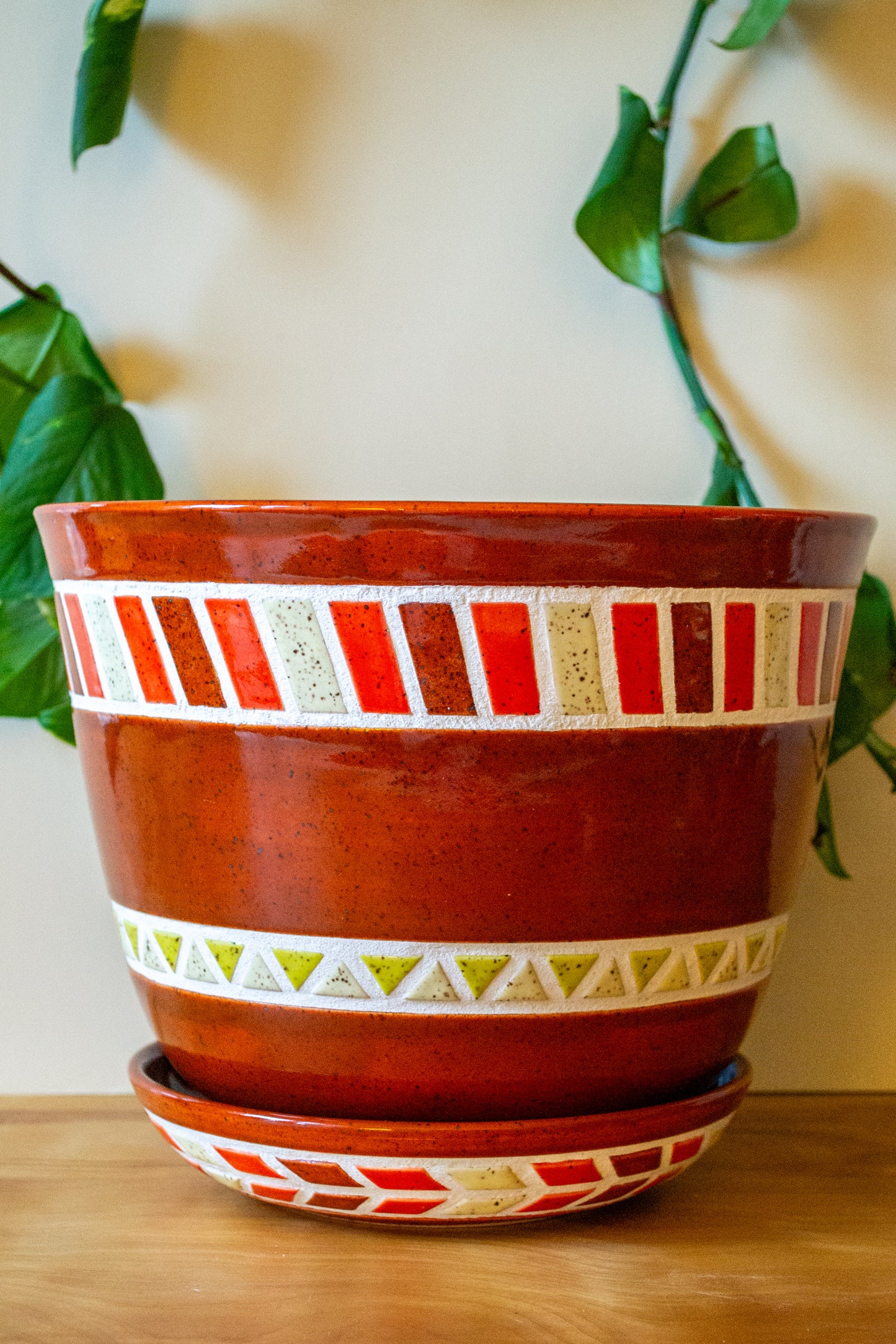 Tiled Stoneware Planter with Drip Plate | 8.5 in. Diameter | Rust | Tile Collection
