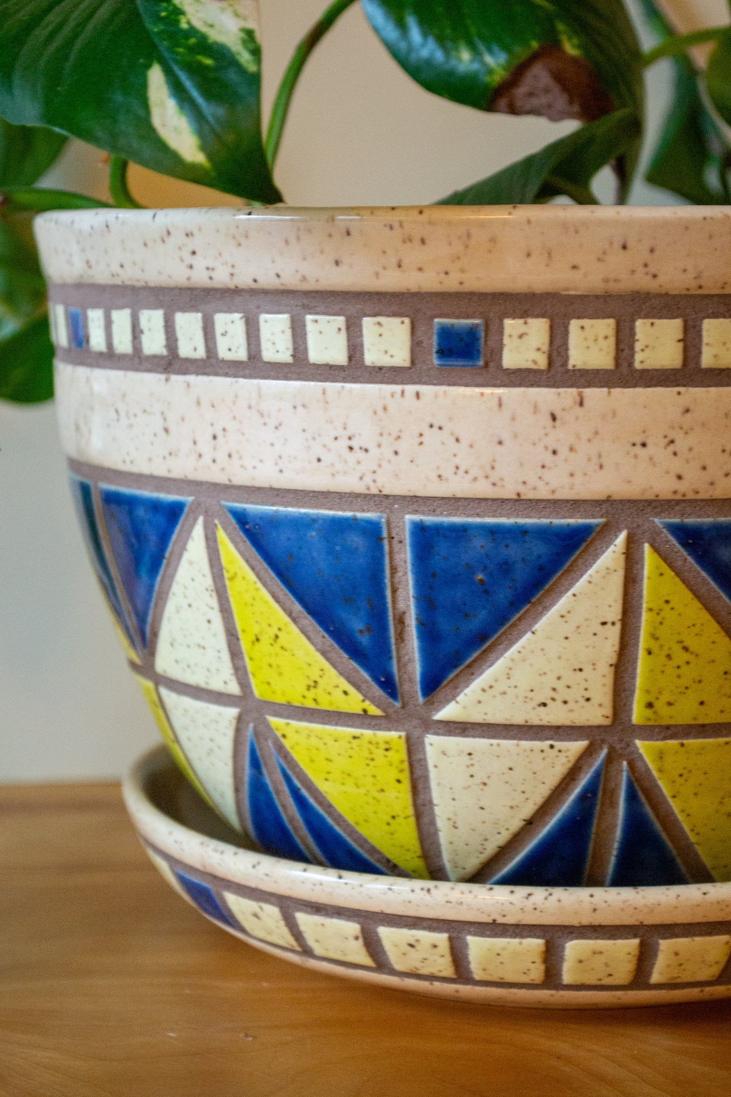 Tiled Stoneware Planter with Drip Plate | 9 in. Diameter | Cream/Blue | Tile Collection