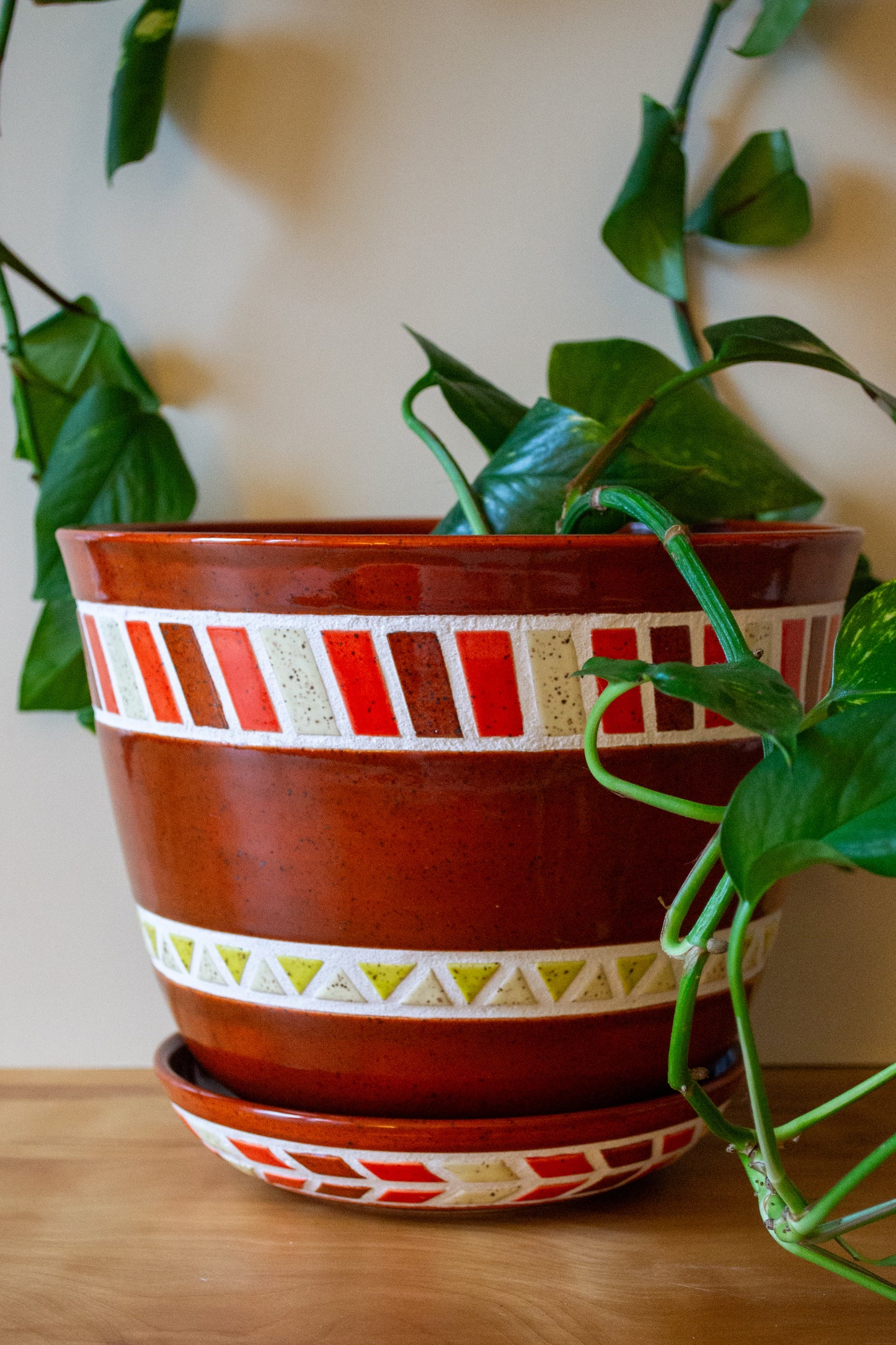 Tiled Stoneware Planter with Drip Plate | 8.5 in. Diameter | Rust | Tile Collection