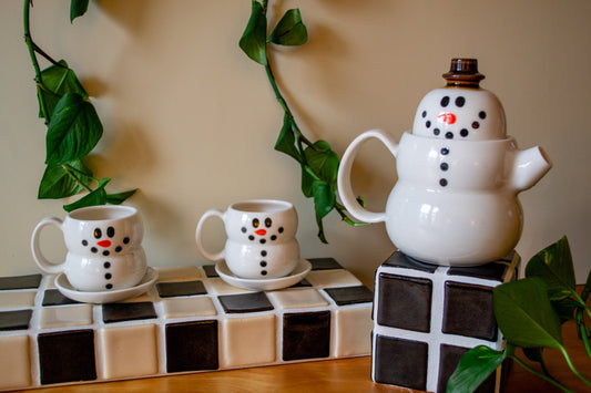 Porcelain Snowman Teapot and Cups Set - 6 pcs
