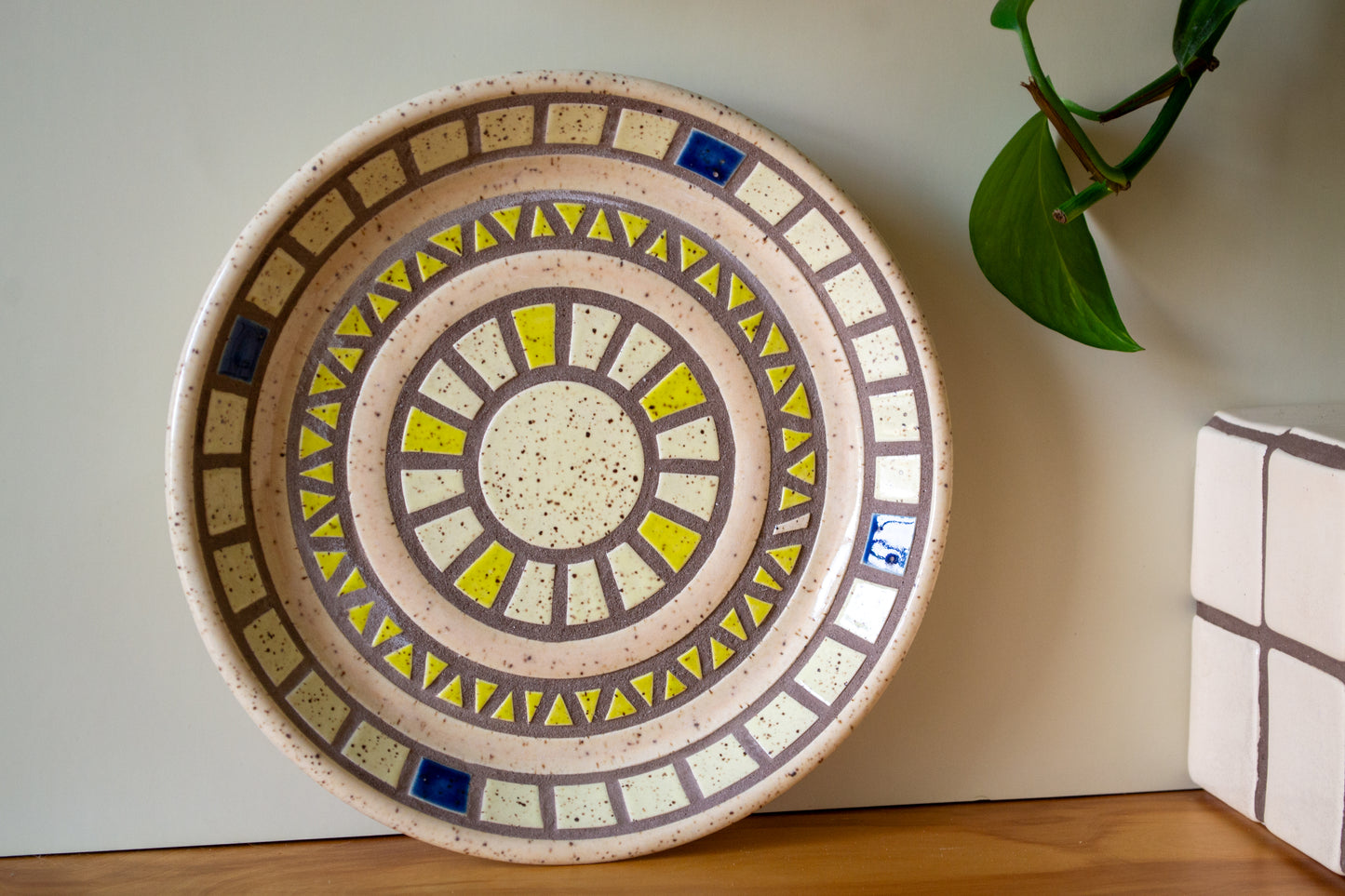 Tiled Stoneware Planter with Drip Plate | 9 in. Diameter | Cream/Blue | Tile Collection