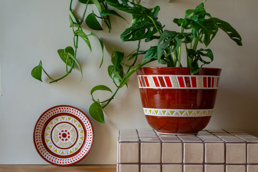 Tiled Stoneware Planter with Drip Plate | 8.5 in. Diameter | Rust | Tile Collection