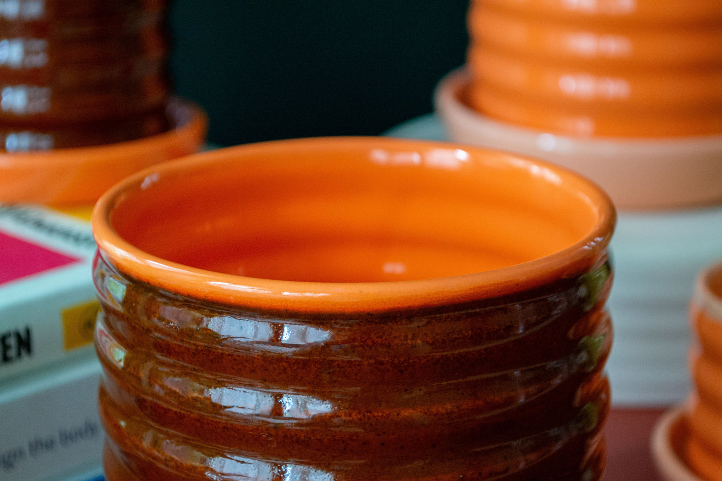 Orange/Rust Ceramic Ripple Pot Planter with Drip Plate