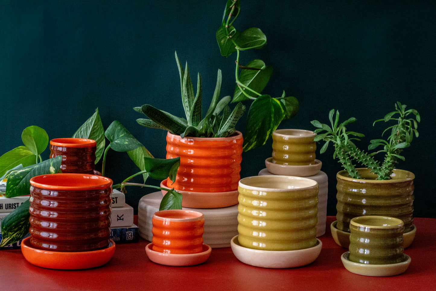 Orange/Rust Ceramic Ripple Pot Planter with Drip Plate