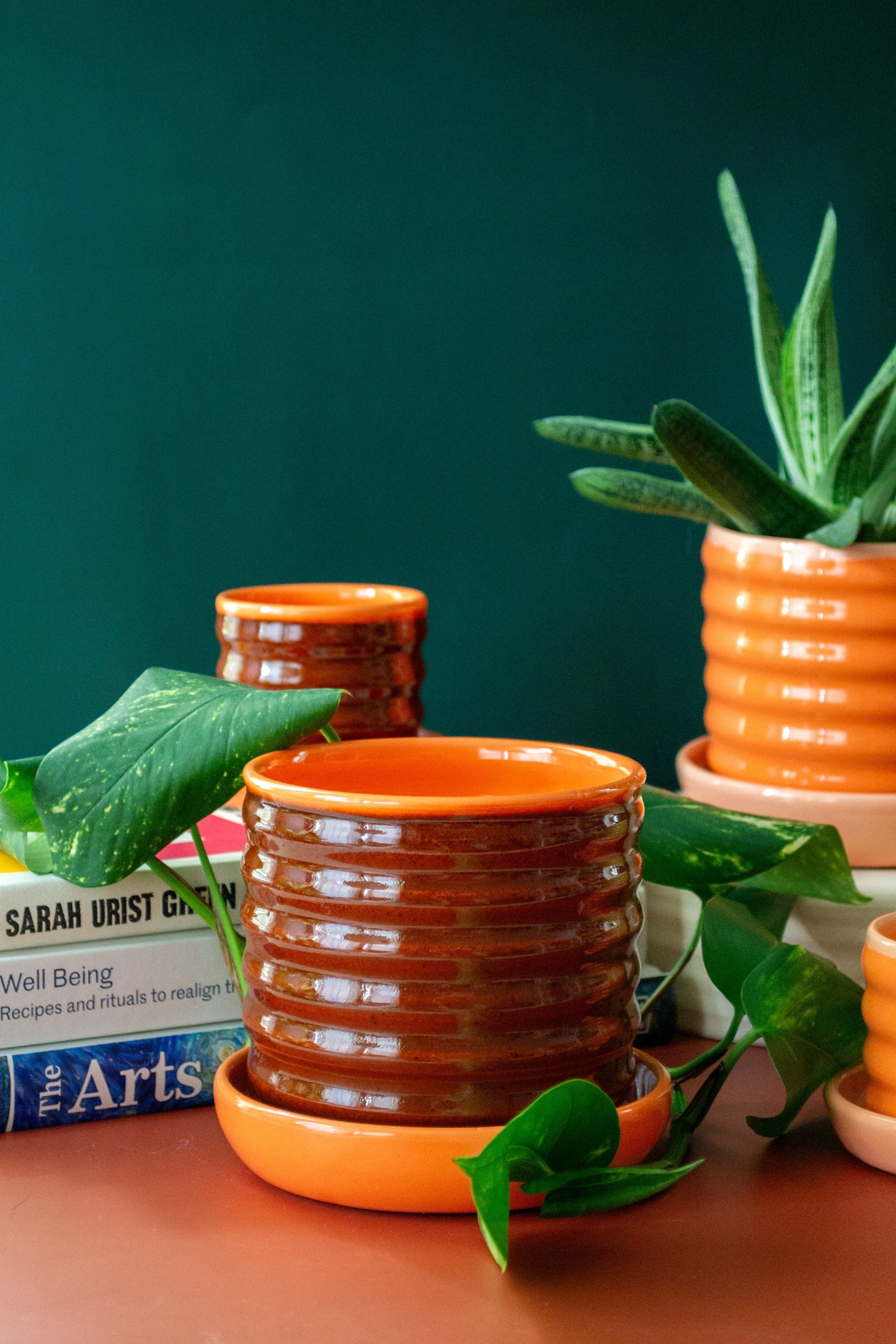 Orange/Rust Ceramic Ripple Pot Planter with Drip Plate