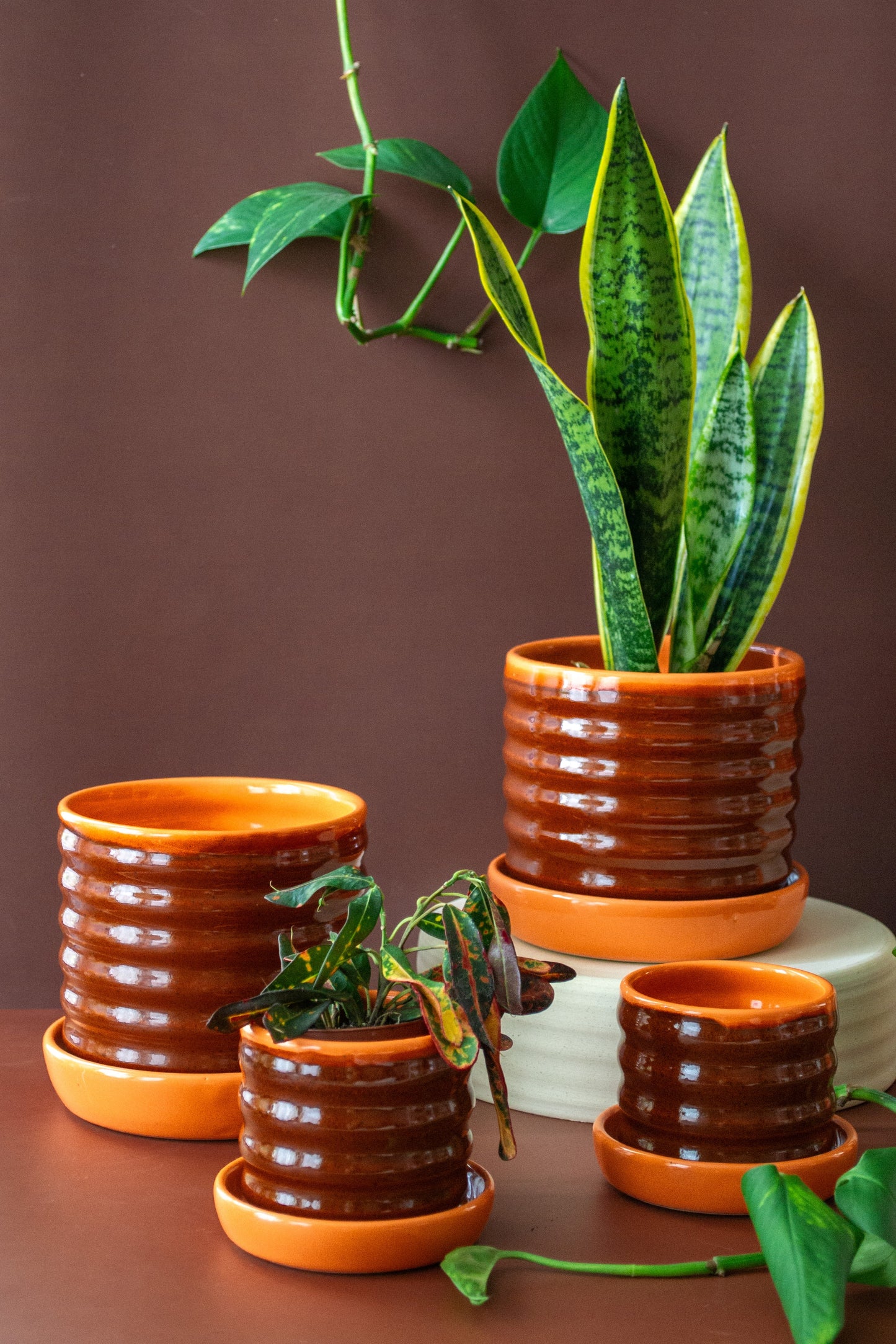 Orange/Rust Ceramic Ripple Pot Planter with Drip Plate