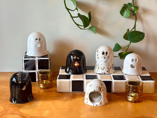 Ceramic Halloween Decoration: Ghost Lantern for Tea Light or Cone Incense