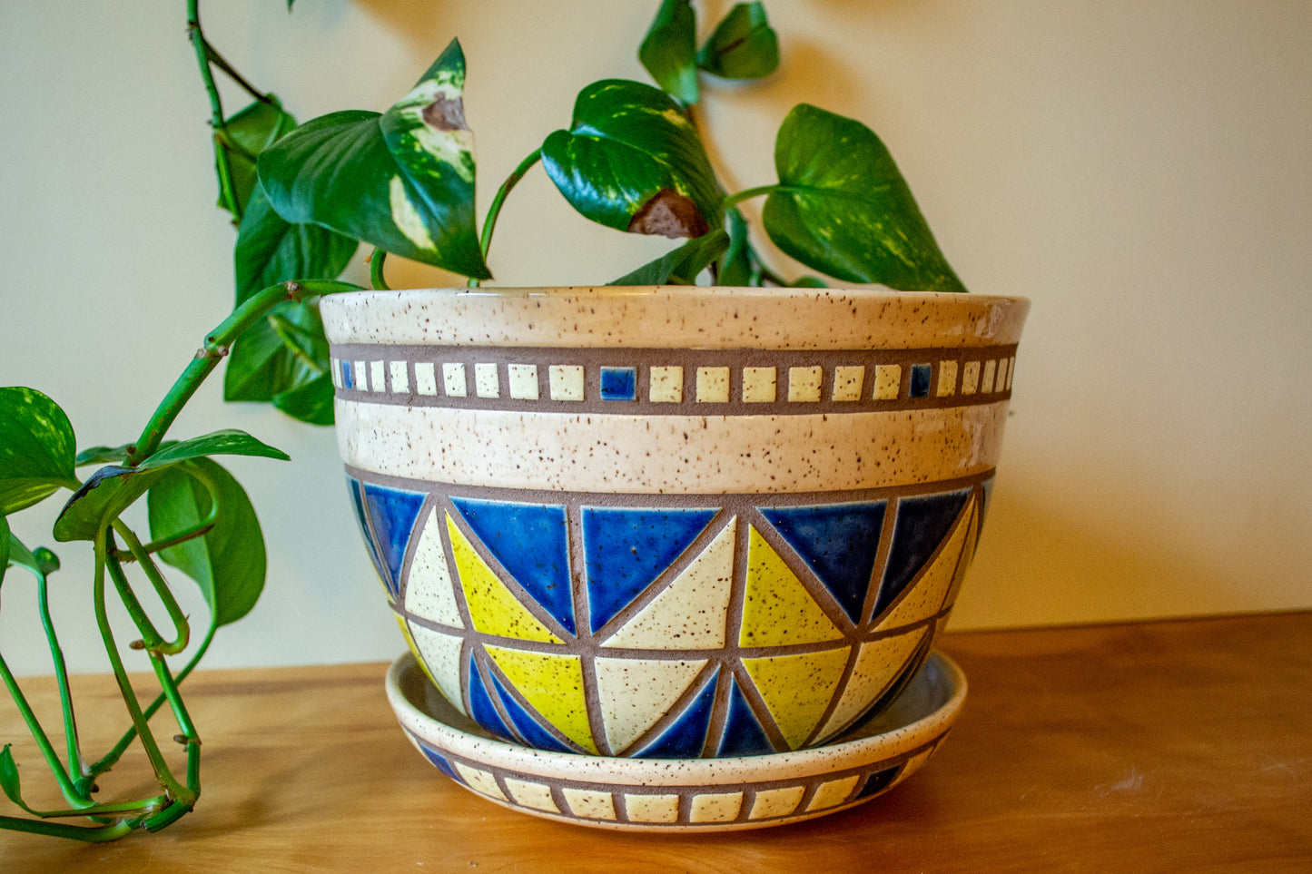 Tiled Stoneware Planter with Drip Plate | 9 in. Diameter | Cream/Blue | Tile Collection