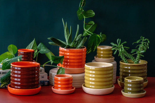 Ceramic Planter with Drip Plate | Castoe Pots Handmade Ripple Pots | Wavy Indoor Planter with Drainage Hole and Tray | Flower Pot